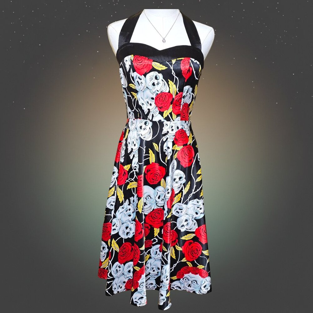 Womens Gothic Skull Rose Print Halter Corset Fit & Flare Dress Size Medium - NWT
